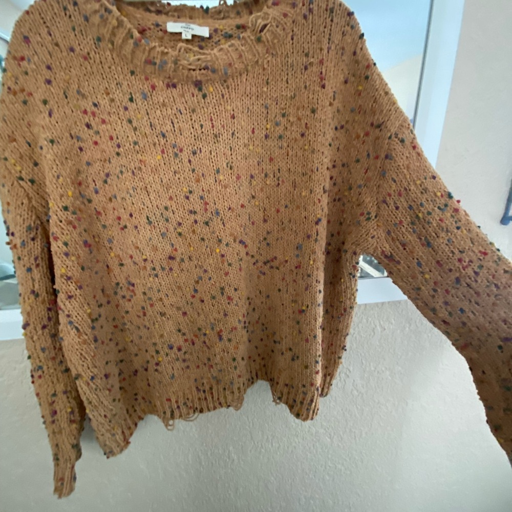 Entro Beige Knit Sweater with Colorful Details and fringe-trim design